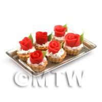 6 Loose Dolls House Miniature  Red Fondant Rose Tarts on a Tray