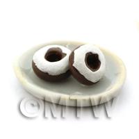 2 Dolls House Miniature Iced Topped Chocolate Ring Donuts