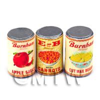Set Of 3 Dolls House Miniature Burnams Brand Cans (1930s)