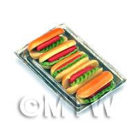 Miniature Jumbo Hot Dogs On A Metal Tray 