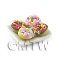 4 Dolls House Miniature Mixed Donuts With Sprinkles On A Plate