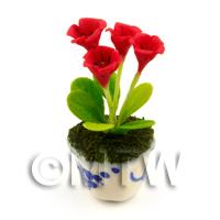 4 Dolls House Miniature Red Flowers In A Blue Pattern Ceramic Pot 