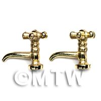 2x Dolls House Miniature Gold Coloured Metal Cross Top Sink Taps 