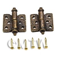 2x Dolls House Ornate Antique Hammered Brass Square Hinges And Screws
