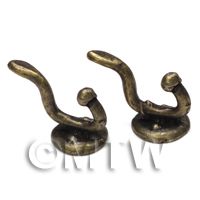 Pair Of Dolls House Miniature 1:12th Scale Antique Brass Coat Hooks