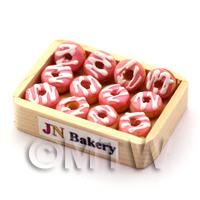 Dolls House Miniature Pink Iced Donuts in a Wood Tray