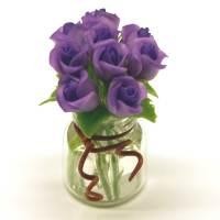 9 Miniature Purple Roses in a Short Glass Vase