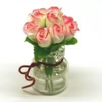 9 Miniature White Roses in a Short Glass Vase 