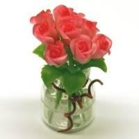 9 Miniature Red/Pink Roses in a Short Glass Vase 