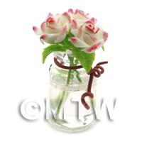 3 Miniature White/Pink Edge Roses in a Short Glass Vase 