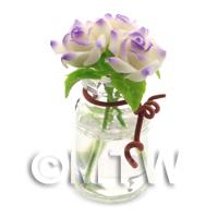 3 Miniature White/Purple Roses in a Short Glass Vase 
