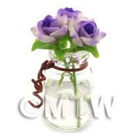 3 Miniature Purple/White Roses in a Short Glass Vase 