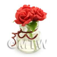 3 Miniature Bright Red Roses in a Short Glass Vase 