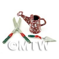 Dolls House Miniature Metal Shears, Trowel And Watering Can