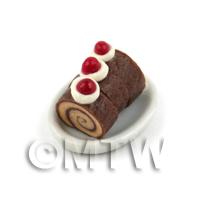 3 Slices of Dolls House Miniature Chocolate Roulade Cake On a Plate