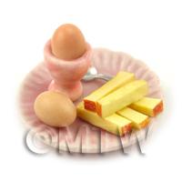 Dolls House Miniature Boiled Egg and Toast on A Pink Plate Style 1