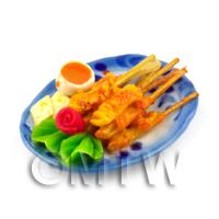Dolls House Miniature Chicken Satay Skewers on a Ceramic Plate 