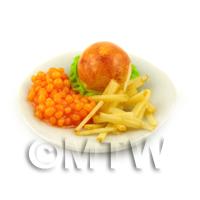 Dolls House Miniature 1/4 Pound Cheese Burger With Chips and Beans