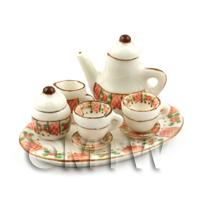Dolls House Miniature  6 Piece Red And Green Floral Coffee Set