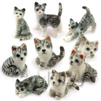 Dolls house Miniature Ceramic Set Of 9 Grey Grey Tabby Cats