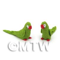 Pair of Dolls House Miniature Handmade Air Dried Clay Green Parrots