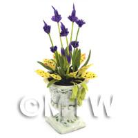 Dolls House Miniature Purple and Yellow Flowers In an Urn 