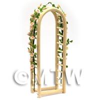 Pink English Climbing Roses On A Miniature Wood Arch 