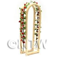 Red English Climbing Roses On A Miniature Wood Arch 