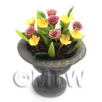 Dolls House Miniature Red and Yellow Roses in a Roman Urn