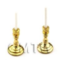 Dolls House Miniature Pair of Gold Colour Metal Candle Holders 
