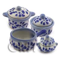 Dolls House Miniature 4 Piece Blue Spotted Ceramic Cookery Set