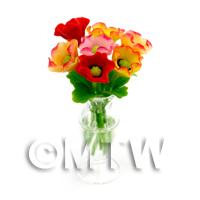 7 Miniature Mixed Poppies in a Curved Glass Vase