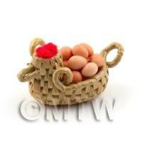 Dolls House Miniature Handmade Wicker Basket Chicken with Eggs