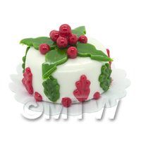 Dolls House Miniature Christmas Cake With Holly Leaf Decoration