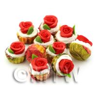 Miniature Red Fondant Rose Cupcake With Red And Yellow Paper Cup