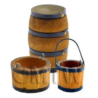Dolls House Old Style Brown Wood Barrel, Bucket And Planter Set
