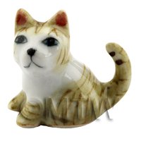 Dolls House Miniature Ceramic Brown and White Tabby Cat Sitting