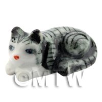 Dolls House Miniature Ceramic Grey and White Tabby Cat Laying Down