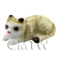 Dolls House Miniature Ceramic Brown and White Tabby Cat Laying Down