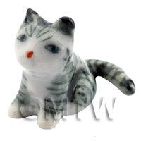 Dolls House Miniature Ceramic Grey and White Tabby Cat Sitting