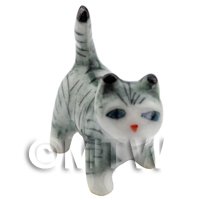 Dolls House Miniature Ceramic Grey and White Tabby Cat Standing