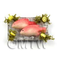 2 Dolls House Miniature Pink Fish With Ice on a Tray (FSHT5)