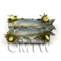 2 Dolls House Miniature Silver and Blue Fish On A Tray 