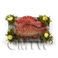 2 Dolls House Miniature Pink Spotted Fish  on a Tray (FSHT19)