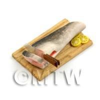 Dolls House Miniature Whole Salmon Being Cut On a Board 