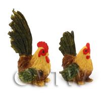 Dolls House Miniature Green And Brown Hen And Cockerel Set