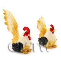 Dolls House Miniature Black, White And Yellow  Hen And Cockerel Set 