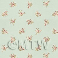 Dolls House Miniature Pink Rose Posie On Pale Blue Wallpaper 